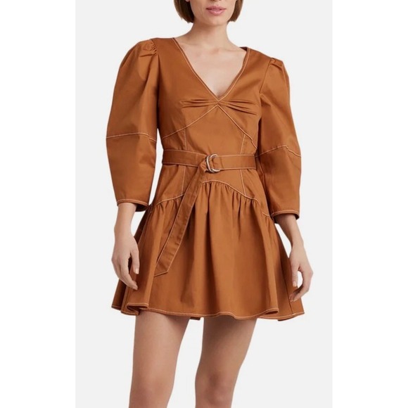 Cinq a Sept Khloe Mini Dress Ochre Brown Contrast Stitch Puff Sleeve Belted 12 - Picture 3 of 10